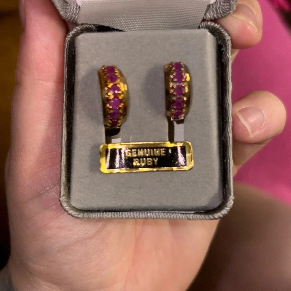 Genuine Ruby Gold Hoop Earrings - Picture 2 of 7